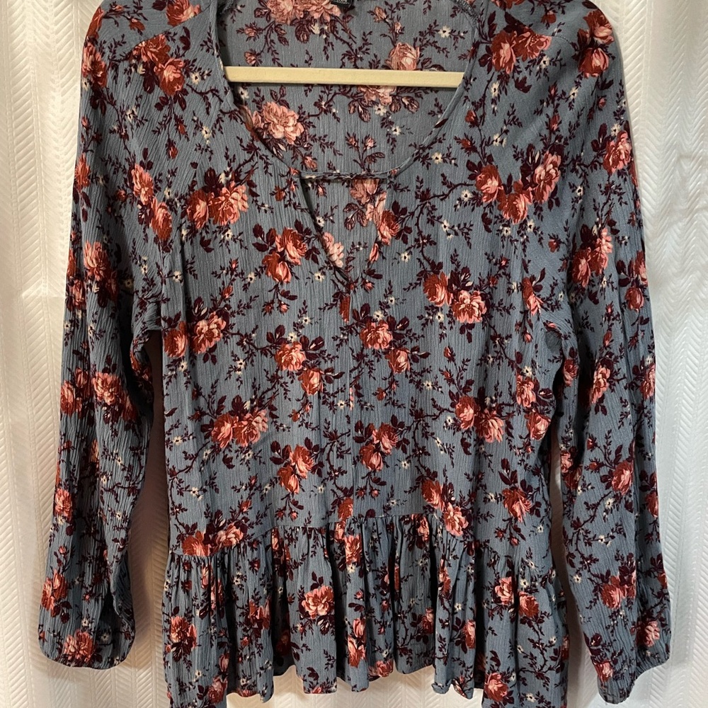 Whimsical Boho Floral Blouse - Blue and Mauve and Brown